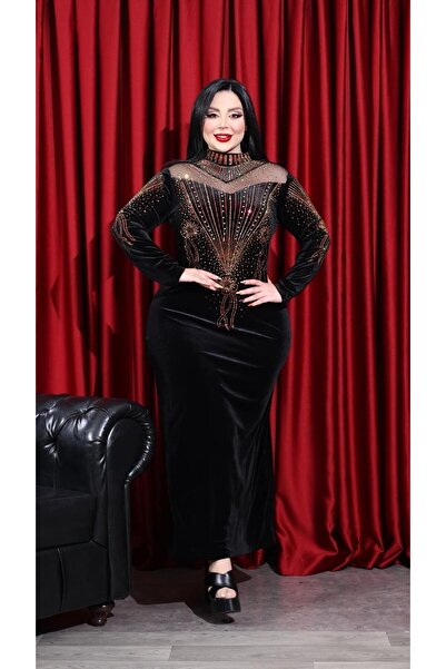 Kokostrendi Yoğun Crystal Taşlı Kadife Elbise - SİYAH