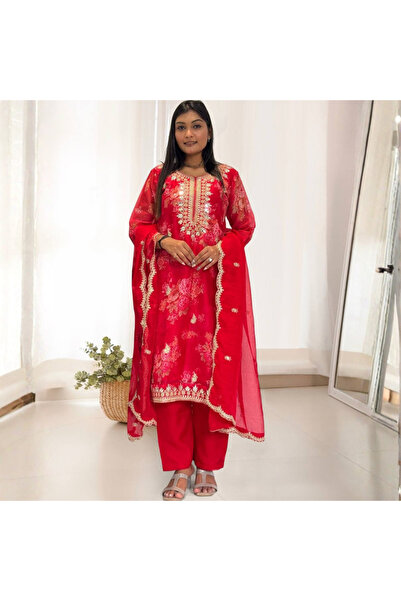 MYSMAR طقم سالوار كاميز ودوباتا من الأورجانزا الأحمر - HRT5690 | أحمر