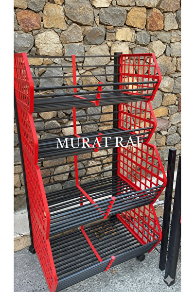 MURAT RAF Tekerlekli Aksiyon Plastik Sepet Kırmızı Siyah 4 Katlı