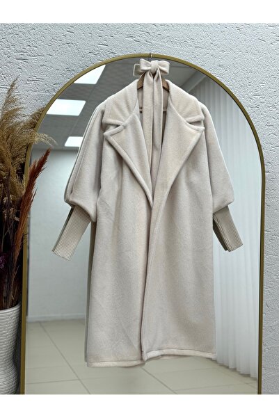 MİHRA STORE Παλτό με ελαστικό μανίκι Elvin με ζώνη και κέντημα- BR7874 Stone