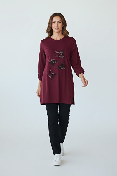 ECE GİYİM Women's Front Stone-Embellished, Six-Stripe, Crystal, Two-Ply, Seasonal Combed Cotton Tunic