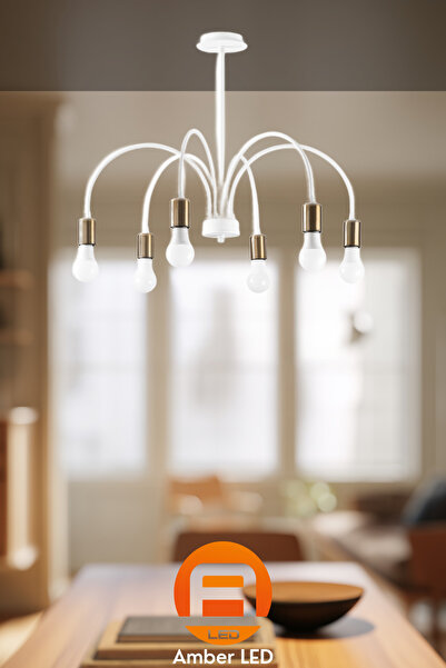 AmberLED Rustik 6'lı Metal Gövdeli Avize, Salon ve Yatak Odası İçin E27 Uyumlu