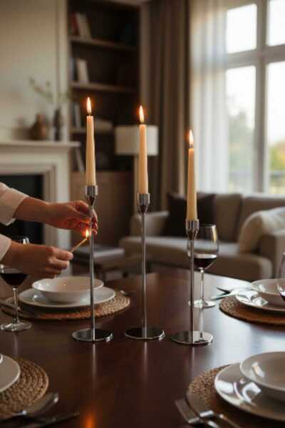 luss collection 3 Lü Gümüş Rengi Dekoratif Şamdan Set