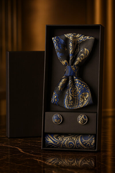 AndraRose Styles Men's Bow Tie + Buttons + Handkerchief Set – Royal Navy Gold