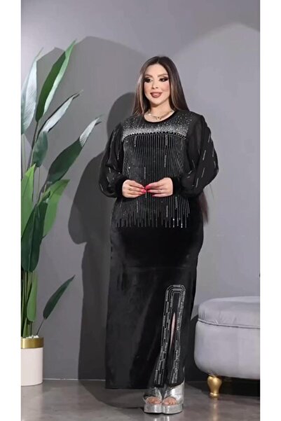 Gümüş Crystal Taşlı Kadife Elbise - SİYAH