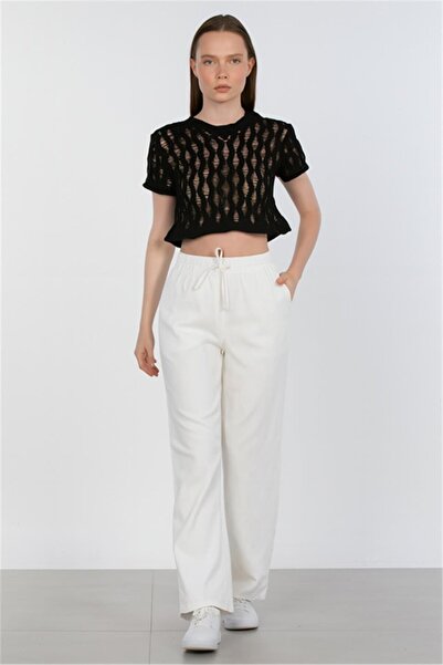 BARRELS AND OIL Women's Elastic Waist Wide Leg Trousers - White