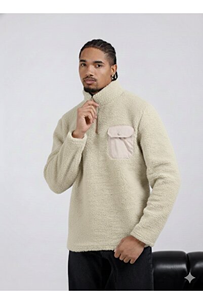 ATKGİYİM Unisex Peluş Kuzu Yünü Teddy Polar Sweatshirt / Yüksek Yaka Yarım Fe...