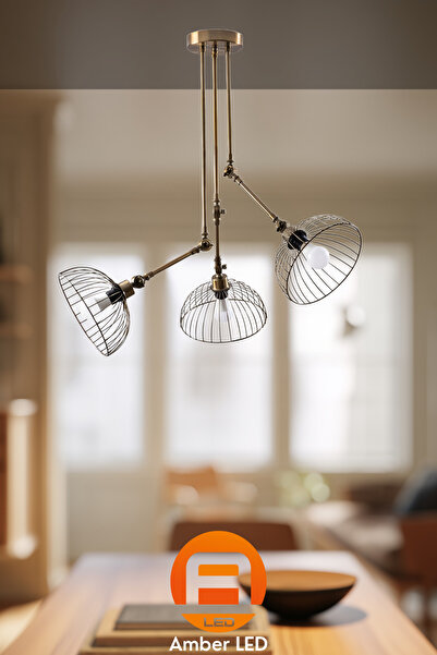 AmberLED Tel 3'lü Metal Gövdeli Avize Modern Tasarım Mutfak ve Salon