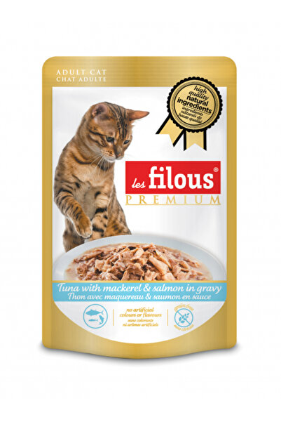 Les Filous Hrană umedă pentru pisici, ton, macrou și somon în sos, 6 x 80 g
