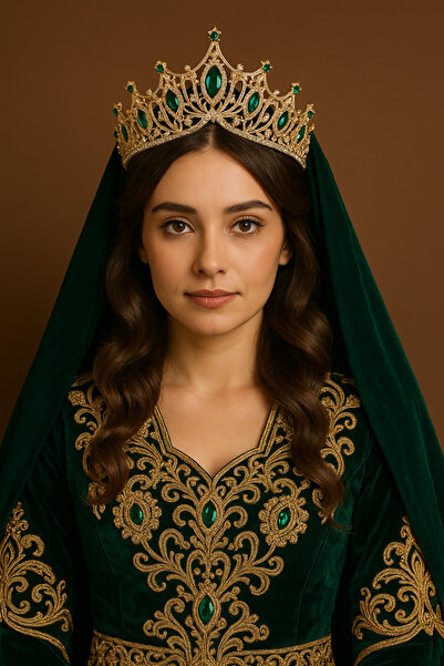 FDY Zümrüt Yeşili Taşlı Kraliçe Model Gelin Tacı – Altın Kaplama Lüks Taş İşl...