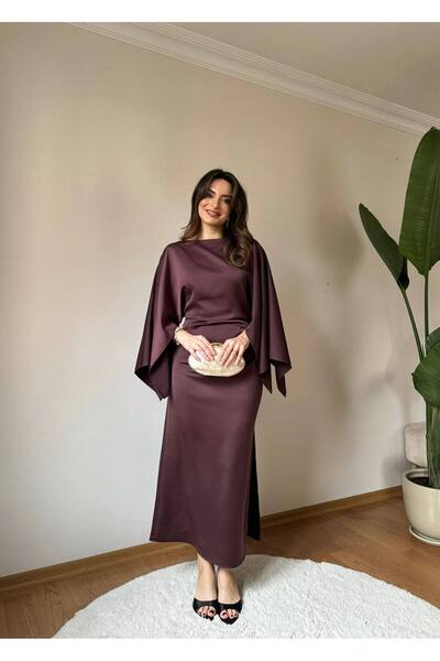 D'RECCY KADIN ASİMETRİK YAKA BELDEN OTURAN YARASA KOL SALAŞ SATEN ELBİSE