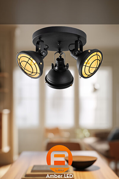 AmberLED Minimal Metal Gövdeli 3'lü Plafönyer Pütürlü Siyah Salon Aydınlatma E14