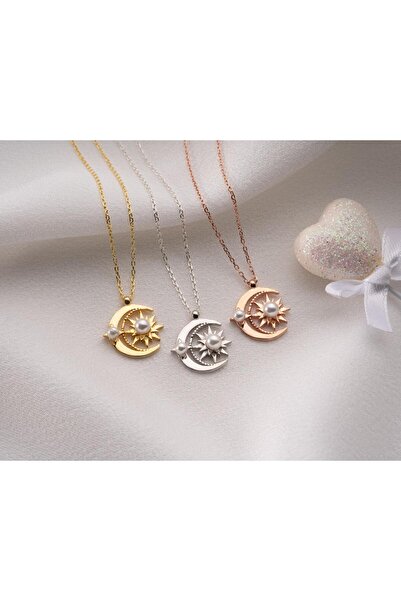 Papatya Silver 925 Ayar Ay Güneş Beyaz İncili Kolye.rose.gold.rodaj