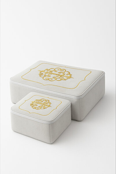 Teksev Laura 2'li (40x40/30x35) Kadife Gold Nakışlı Hurç Seti Çeyizlik Nişan ...