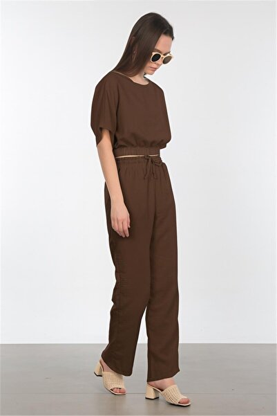 BARRELS AND OIL Women's Elastic Waist Wide Leg Trousers - Brown