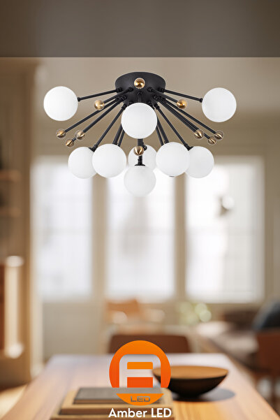AmberLED Modern 9'Lu Plafönyer Pütürlü Siyah Cam Detaylı