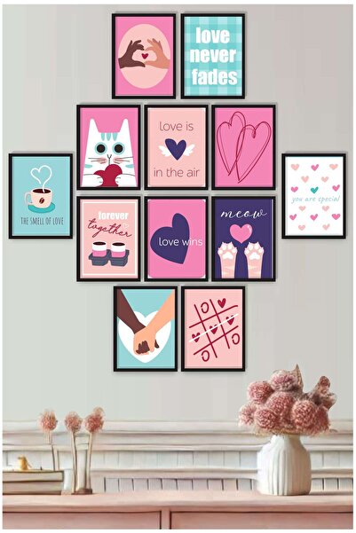 UNT Sevgililer Günü Aşk Temalı 12’li MDF Çerçeve Görünümlü Duvar Tablo Seti –...