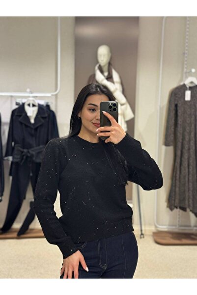 EDITION WOMAN Pulover negru cu guler rotund broderii |   EK1005310424