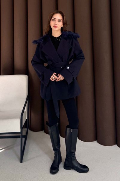 Melike Tatar TRENCH COAT SCURT DE PIELE ALBASTRU MARINE 3723
