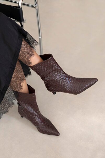 STRASWANS Zoey Women's Knitted Detail Leather Boots Claret Red