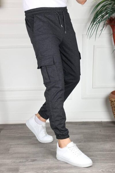 Generic Brand Men's Anthracite Regenerated Fabric Double Cargo Pocket Pack Elastic Leg Sweatpants