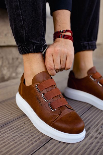 Lucy Shoes Yg253 Mirror Non Men's Casual Elastic Leather Sports Sneaker Shoes Cbt - Tan