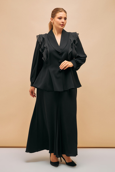 İnce Broş ve İşleme Düğme detaylı Büyük Beden Etek Ceket Takım
