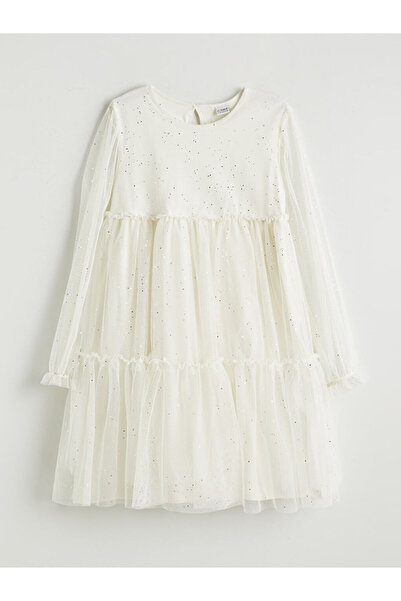 LC Waikiki Ecru Crew Neck Sparkling Girl's Dress