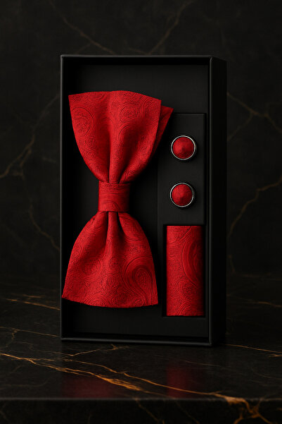 AndraRose Styles Men's Set Bow Tie + Cufflinks + Handkerchief - Red Royale
