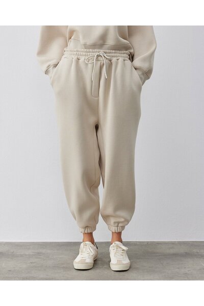 Aybikestil Şardonlu Üç İplik Relax Eşofman Altı - Krem Renk