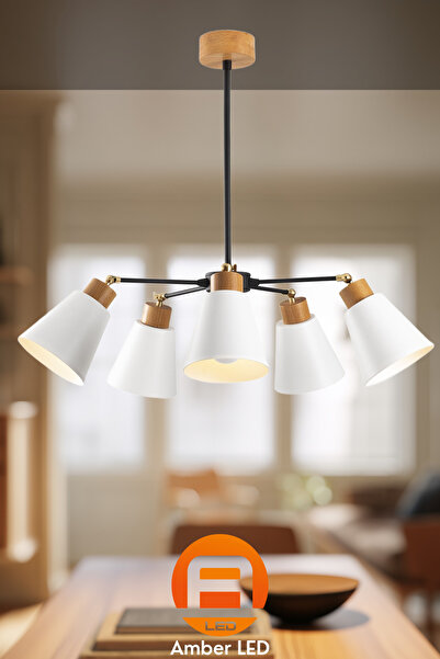 AmberLED Şık Metal Gövdeli 5'Li Avize Natural Ahşap Mutfak ve Salon İçin E27 ...