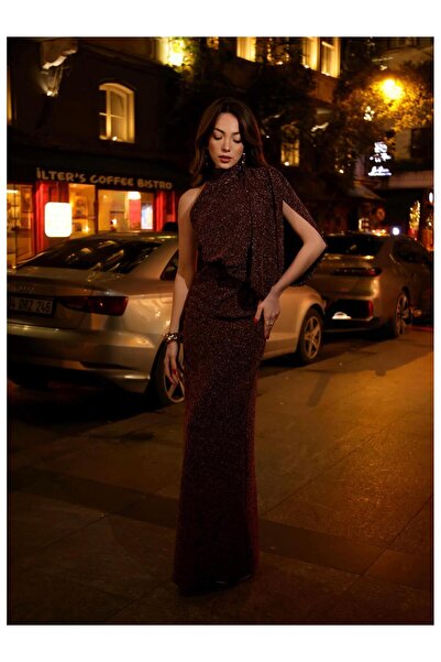 Coral 252764 Halter Yaka Simli Elbise Kahve