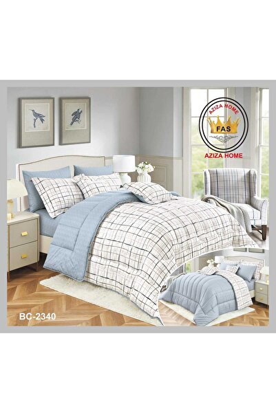 FABRIC لحاف نفرين قطن ١٠ قطع بلون أزرق سماوي مع نقشة مربعات بيج جذابة يضيف أناقة وراحة لغرفة نومك