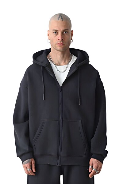 YAKAMEL Erkek Basic FÜME Unisex Tam Fermuar Sweatshirt Hırka