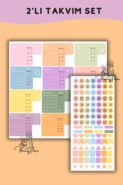 Flowery Paper 2'li Sticker Takvim ve Icon set -2 Sayfası, Defter,ajanda ,jour...