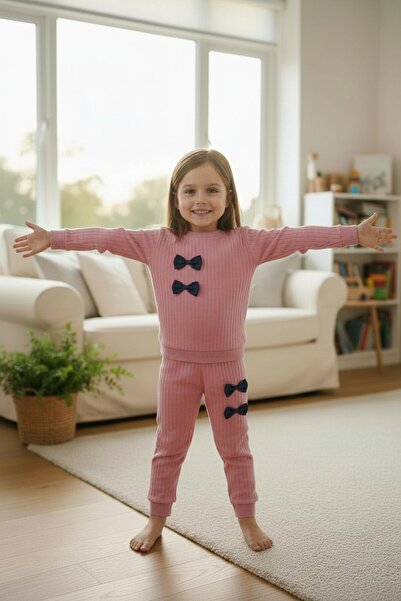 minitrends Cotton Report Bow Detailed Girls' Top and Bottom Set