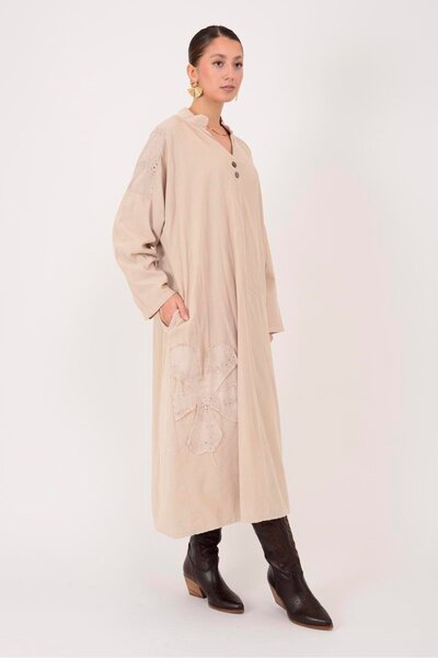 Park Moda 11444 Lova Flower Embossed Sequin Detail Taupe Velvet Dress