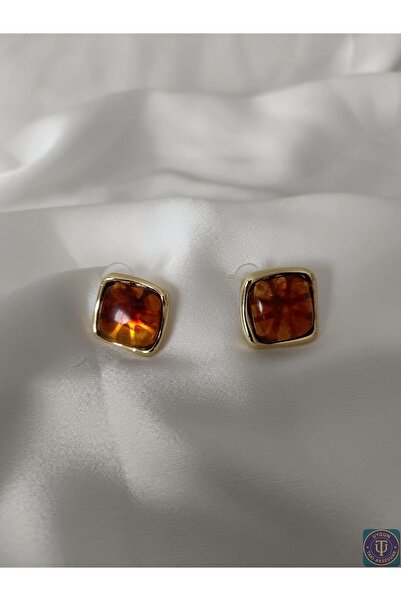 uyguntakıaksesuar أقراط من الفولاذ بتصميم مربع ذهبي اللون مع حجر بني – عصرية ...