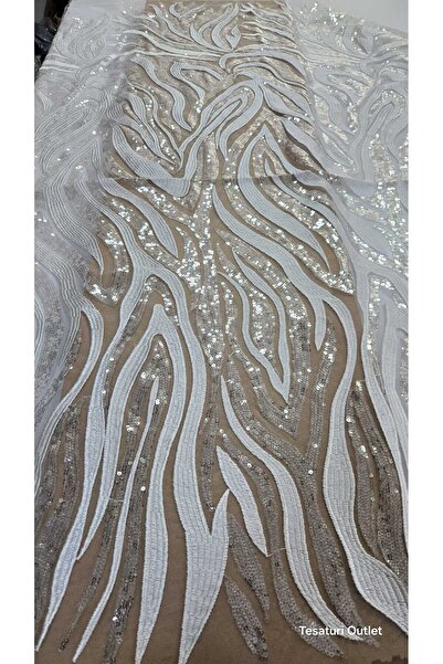 Bunoire Embroidery on ivory tulle, accessorized with silver sequins, 100 cm x...