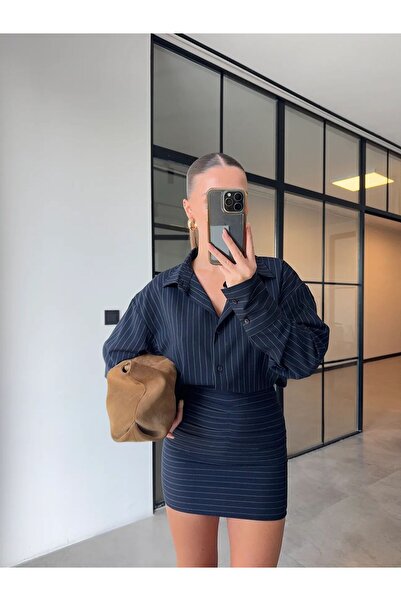 FMN Moda detaliu drapat talie înaltă fustă din țesătură groasă croială largă cămașă cu mâneci cu manșete bluză costum din două piese