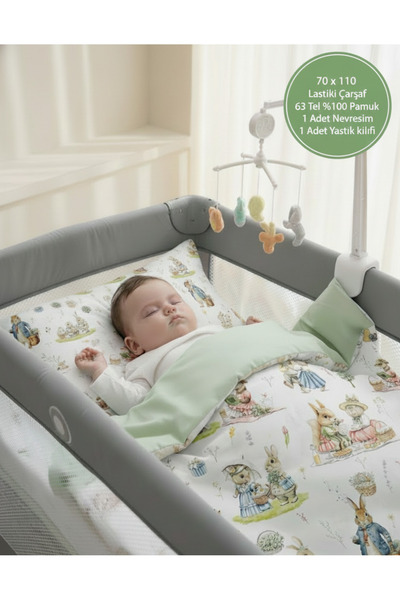 HALZEY Baby Bedding Set Rabbit Pattern, Elastic Sheet and Pillowcase 63 Thread Count 100% Cotton