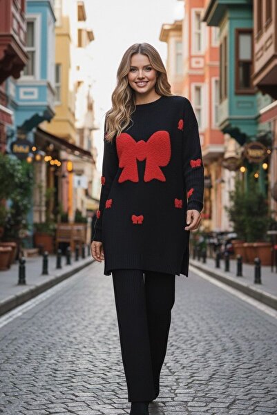 MC Boutique Kadın Siyah Oversize Triko Tunik – Kırmızı Fiyonk Desenli, Yumuşa...