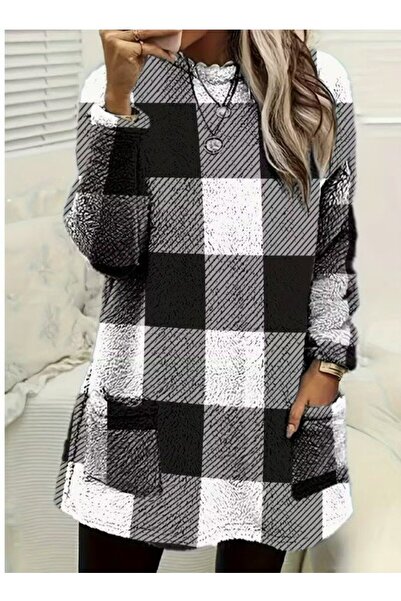 Kanonik Education Women's Long Sleeve Semi-High Neck Pocket Detailed Plaid Woven Tunic