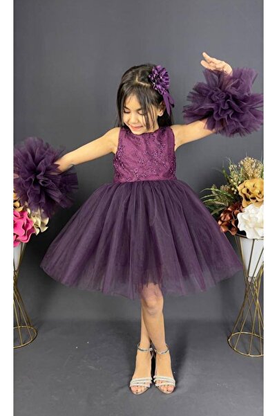 renkli diyar Girls' Dress with Pompom Tulle with Buckle for Wedding and Graduation