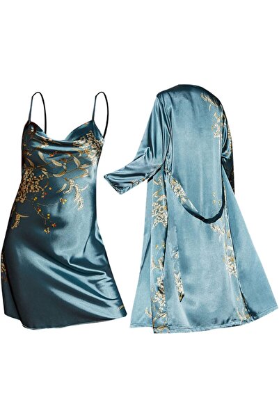 Generic طقم بيجاما نسائي من قطعتين من الساتان، يتكون من قميص نوم وروب حمام