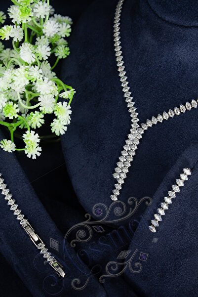 MOSSMOUR Markiz Kesim Zirkon Taşlı V Model Kolye Bileklik Küpe Set / 2026 Dem...