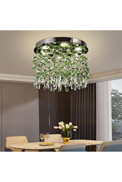 ALC-Shop Candelabru LED Cristal Rotund, 30W, Lumina Rece/Calda/Neutra, Cristale Verzi, Crom Lucios