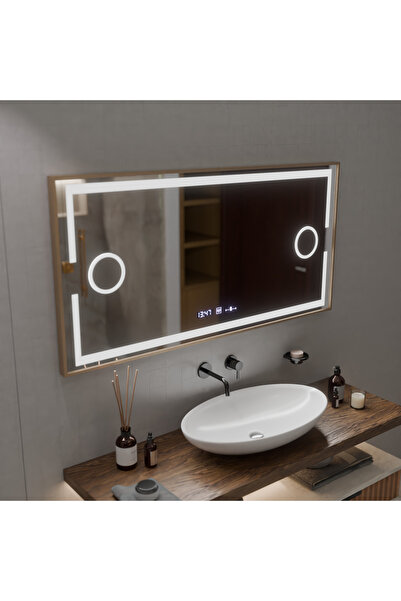 ALC-Shop Oglinda LED Senzor MotionGlow Sofia cu functie Dezaburire Termometru Ceas 110x65 cm,Rama Rose Gold