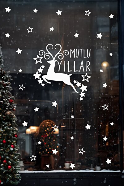 MSticker Happy New Year Deer Glass & Wall Sticker Set – 78 Pieces Christmas Window Display and Home Decor