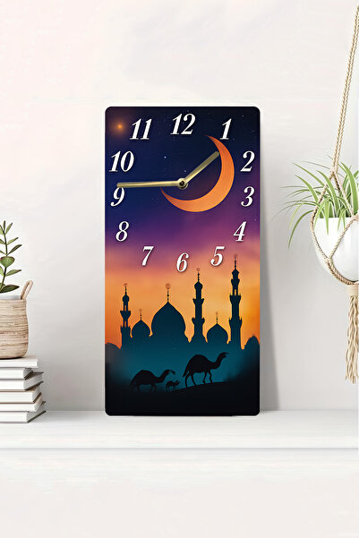 kutuTR 3D Looking 2D Uv Printing Mdf Table Clock Crescent Moon and Mosque Silhouette Themed 20X40 Cm-Dts172